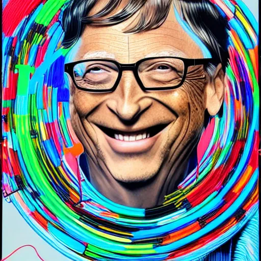 Image similar to bill gates laughing in apple costume, digital illustration by ruan jia on artstation, outlined by whirling illuminated neon lines and fine lines swirling in circles by jesper ejsing and rhads and makoto and shinkai and lois van baarle, digital art, trending on artstation - h 8 3 2