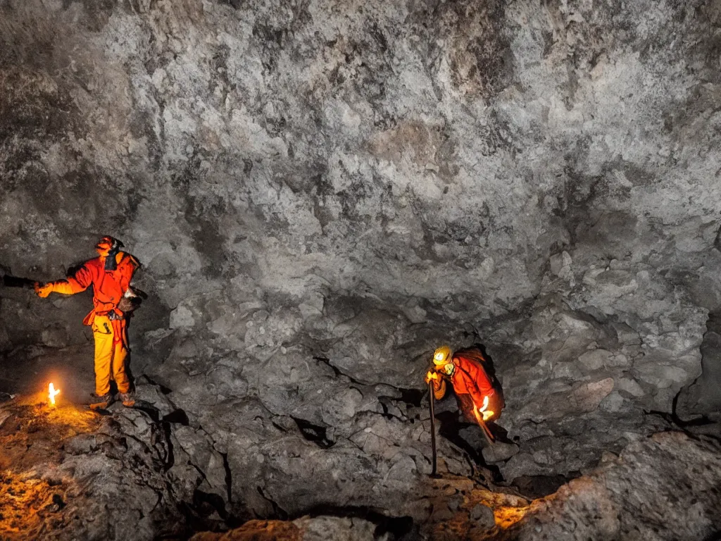 Image similar to one man with torch bringing fire into cave in darkness