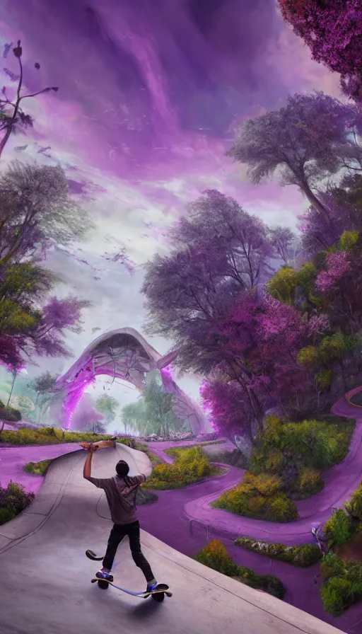 Prompt: A skateboarder going downhill towards a magical portal and purple trees in the distance, abandoned city with graffiti, sweat drops, insane, intricate, highly detailed, oil painting, isometric art, smooth, sharp focus, Unreal Engine 5, 8K, art by Diego Velázquez