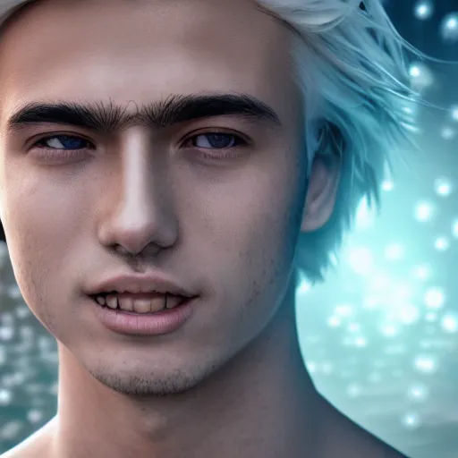 Image similar to Anime Teenage Geert Wilders, outdoors lighting, astral background, symmetrical face and body, confident, smile, detailed moisture, detailed droplets, detailed intricate hair strands, DSLR, ray tracing reflections, eye reflections, focused, unreal engine 5, vfx, post processing, post production, Arcane Style, 8k