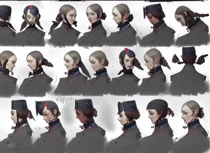 Image similar to 1 8 5 5 british crimean war nurse, character face study, multiple angles, directions and moods. faces only, concept art finely detailed perfect art, painted by greg rutkowski makoto shinkai takashi takeuchi studio ghibli, pinterest, cevagraf comics