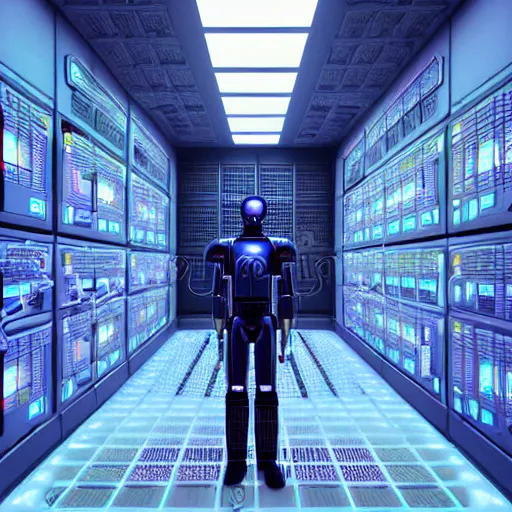 Image similar to hyperrealism detailed photography scene by stanley kubrick of highly detailed stylish system administrator from 2 0 7 7's as humanoid droid style by gragory crewdson and katsuhiro otomo, mike winkelmann with many details by josan gonzalez working at the detailed data center by laurie greasley hyperrealism stock photo on dsmc 3 system volumetric led light rendered in blender