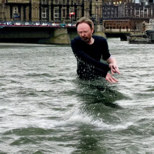 Image similar to thom yorke throwing his computer into the river thames, movie still, highly detailed