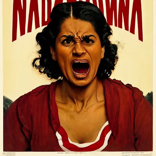 Image similar to head and shoulders portrait of brown woman, fierce, shouting, snarling, fully clothed, three quarter profile, norman rockwell, jacob collins, tom lovell, frank schoonover
