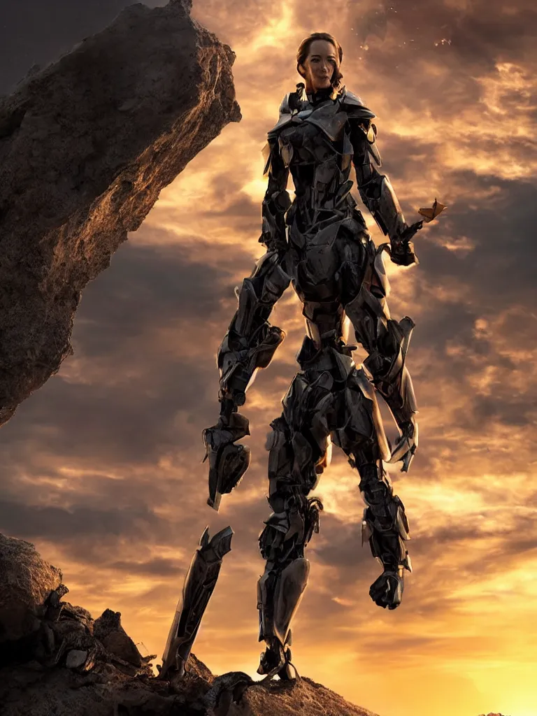 Image similar to emily blunt in futuristic power armor, close up portrait, solitary figure standing atop a pile of rubble, holding a sword on her shoulder, sunset and big clouds behind her