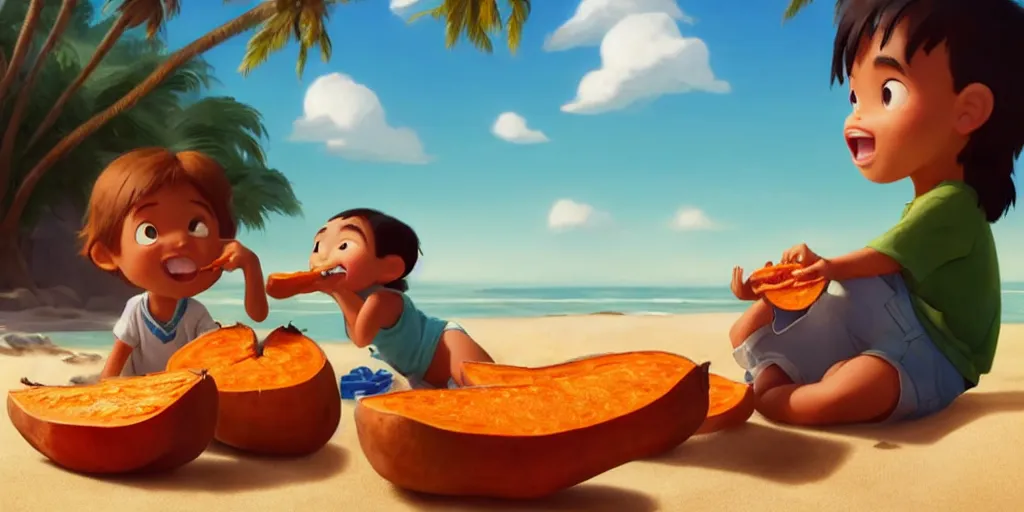 Prompt: a wholesome animation key shot of a kid eating a sweet potato at a tropical beach, medium shot, waist up, studio Pixar and Disney animation, sharp, very detailed, high resolution, Rendered in Unreal Engine 5, anime key art by Greg Rutkowski, Bloom, dramatic lighting