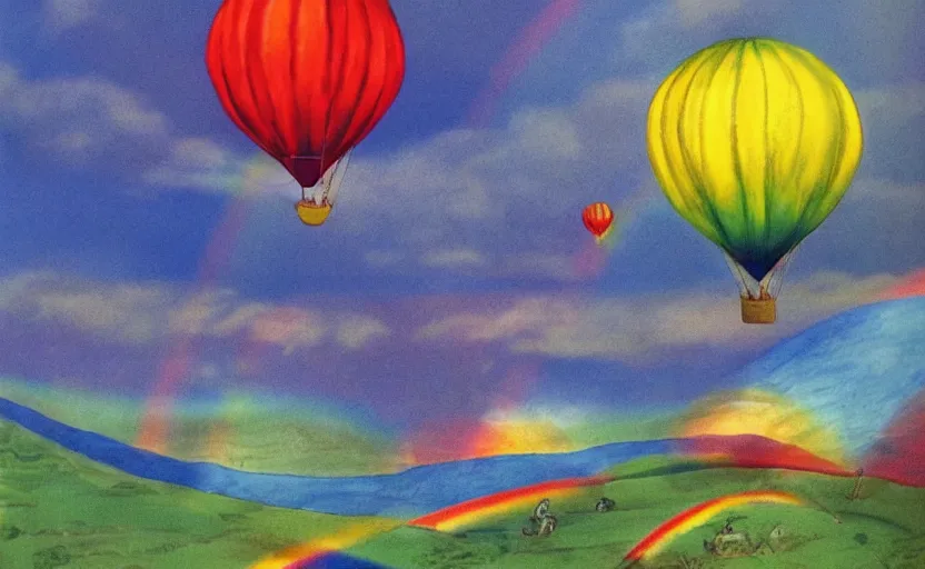 Image similar to hot air balloon flying through a double rainbow, illustration by dr seuss, oh the places you'll go