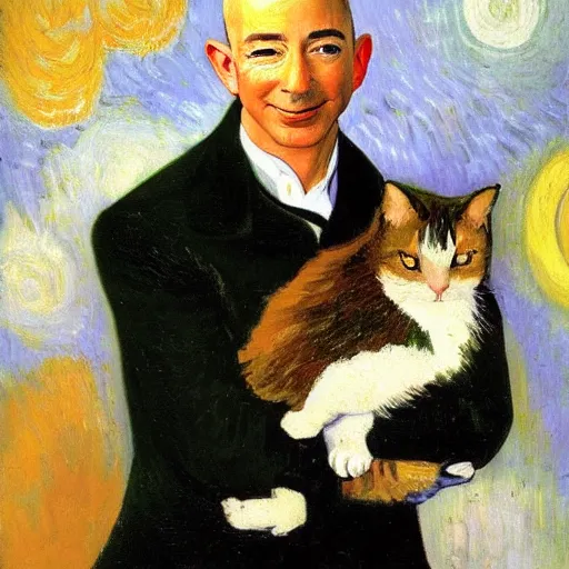 Image similar to a beautiful oil painting of jeff bezos holding a cat, 8k , award winning , made in 1800's , old , painted by vincent van gogh