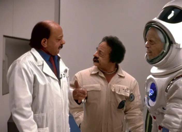 Image similar to film still of young old Cheech Marin talking to HAL as Dr. Dave Bowman in 2001 A Space Odyssey
