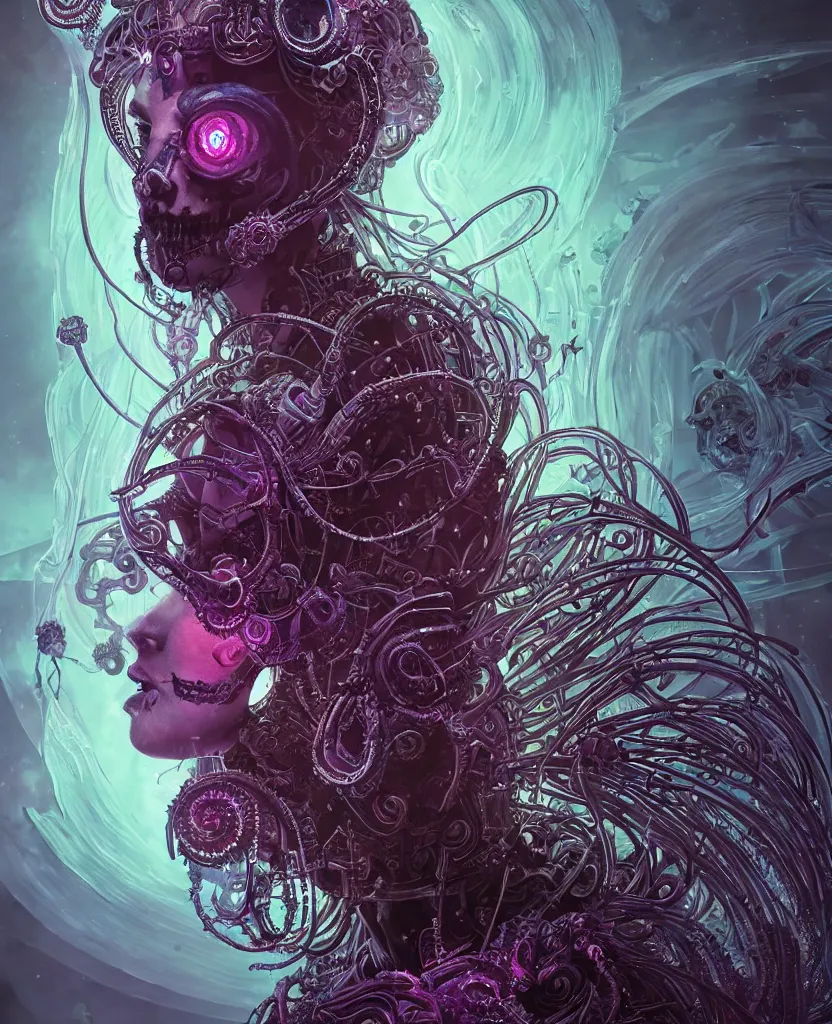 Image similar to queen of death. intricate portrait, occult cyberpunk, ancient futuristic, dark art, occult. intricate biomechanical, bioluminescent halo around head, mandala ornament, cybernetic glowing jellyfish, tentacles, by Petros Afshar, by artgerm, by Eddie Mendoza, by Peter mohrbacher by tooth wu, unreal engine, octane render, cinematic light, high details, iridescent colors