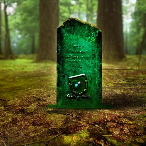 Image similar to side view of a beautiful abandoned tombstone with an embedded emerald laying on the ground, in a deep forest, overgrown foliage taking over it, close - up, 3 5 mm, biopunk, bokeh, beautiful, lens flare, emotional, detailed, picture, trending on artstation, award - winning, shiny, golden, octane render