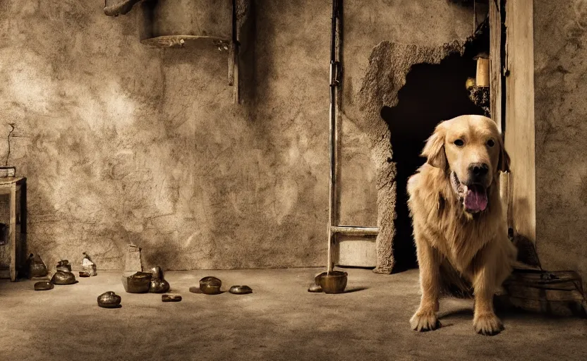 Image similar to a dirty golden retriever in a dark gray stone mine with large piles of gold nuggets and wearing a black western hat and jacket, dim moody lighting, wooden supports and wall torches, cinematic style photograph