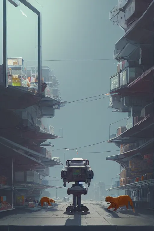 Image similar to mech at supermarket trying to find milk to his son, highly detailed, scifi, fantasy, highly detailed, digital painting, trending on artstation, concept art, sharp focus, illustration, global illumination, shaded, art by simon stalenhag