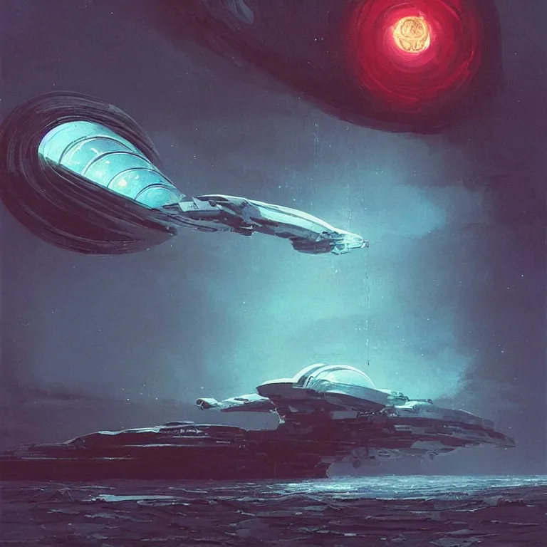 Prompt: mechanical nautilus spaceship dripping wet rising from a the ocean, sci - fi concept art, by john harris, by simon stalenhag, by vincent di fate, stunning, award winning