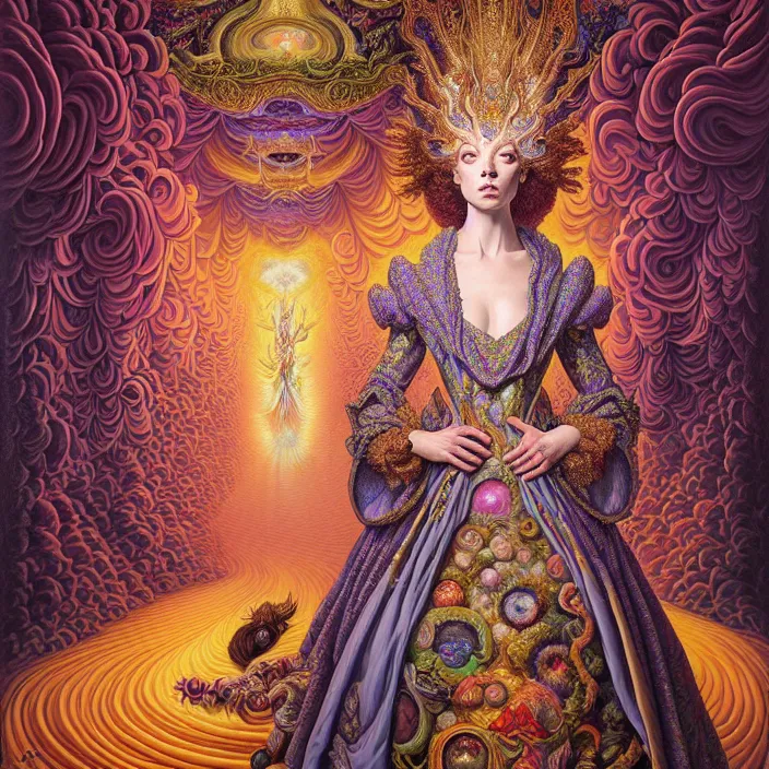 Image similar to beautiful oil painting, full length portrait of dauphinois in baroque coronation robes 1701, Dan Mumford, Dan Mumford, Alex grey, hyacinthe rigaurd, highly detailed , lsd visuals, dmt fractal patterns, hallucinogen, visionary art, psychedelic art, ornate, vaporwave, baroque, Greg rutkowski