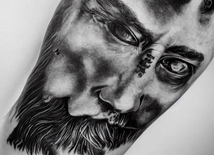 Prompt: photorealistic professional fine details black and white photo portrait of detailed russian prison tattoo, russian criminal tattoo, nakolki, русская тюремная татуировка, sergei vasiliev