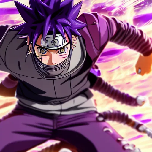 Image similar to close up of a naruto in smooth purple ninja uniform, blue spiked hair, muscular, intense, dramatic pose body of an ultrafine hyperdetailed illustration by kim jung gi, irakli nadar, intricate linework, sharp focus, bright colors, octopath traveler, final fantasy, unreal engine 5, global illumination, radiant light.