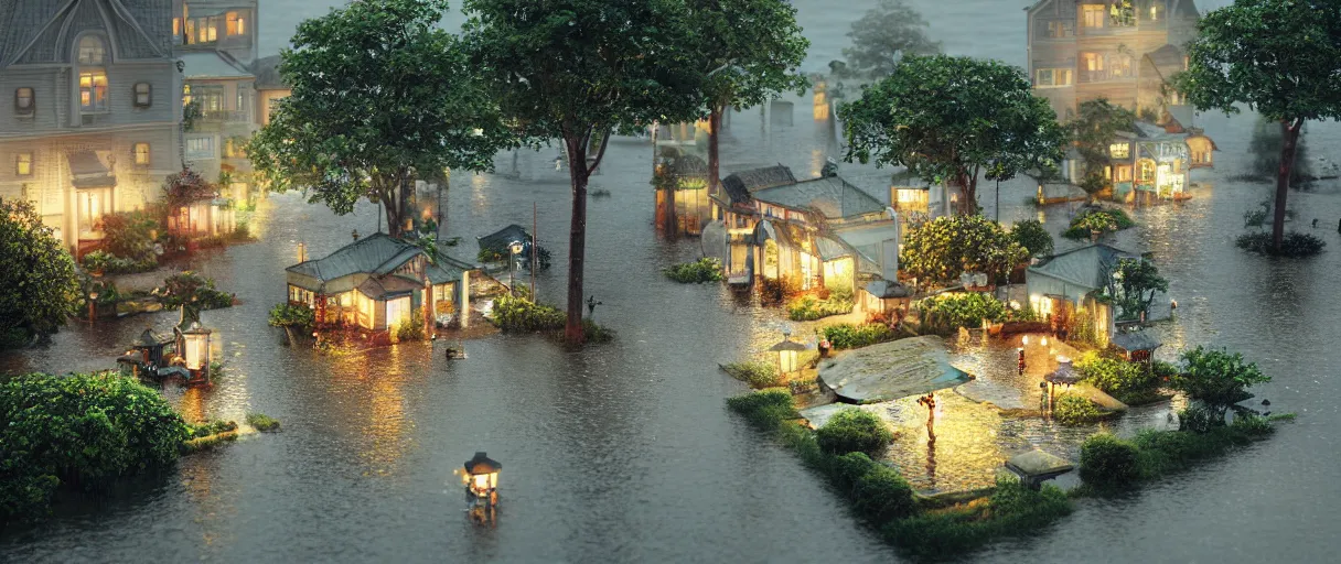 Image similar to carriership landing on raining night at flooded miniature city, emotion is on the rise on the town, cute style garden, octane render, trees, evergreen, patio, garden, wet atmosphere, tender, soft light misty yoshitaka amano, and artgerm, pixel art