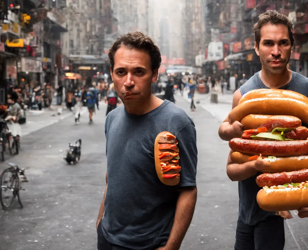 Image similar to closeup portrait of a man carrying a giant hotdog on his shoulder in a smoky new york back street, by Annie Leibovitz and Steve McCurry, natural light, detailed face, CANON Eos C300, ƒ1.8, 35mm, 8K, medium-format print