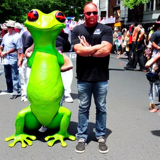 Image similar to alex jones and a giant frog atten the pride festival together