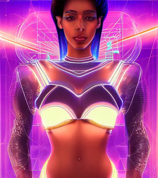 Image similar to symmetry!! egyptian princess of technology, solid cube of light, hard edges, product render retro - futuristic poster scifi, lasers and neon circuits, beautiful brown skin woman egyptian princess, intricate, elegant, highly detailed, digital painting, artstation, concept art, smooth, sharp focus, illustration, dreamlike, art by artgerm