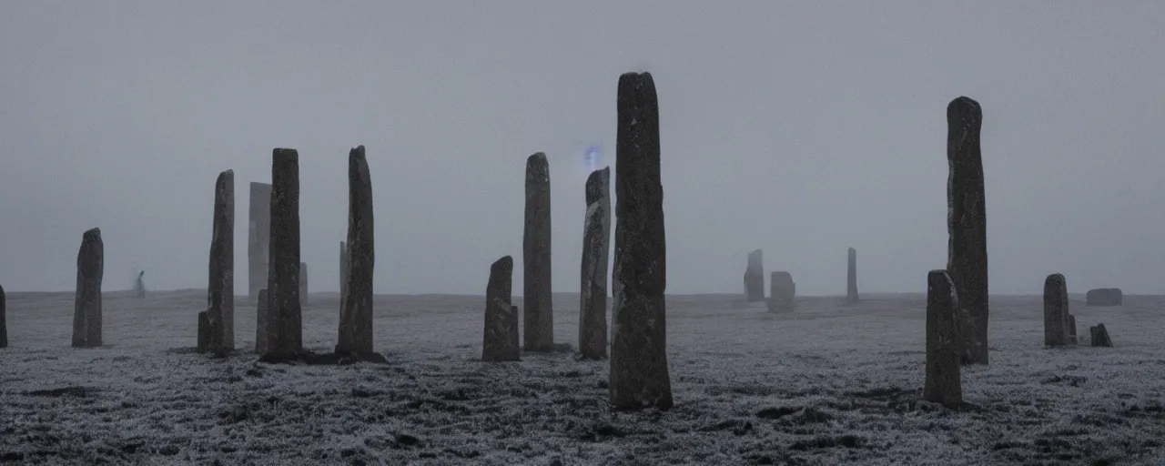 Image similar to 'a giant windfarm stands among neolithic standing stones of stenness, haunting, fog, grainy, snowing, atmospheric clouds'