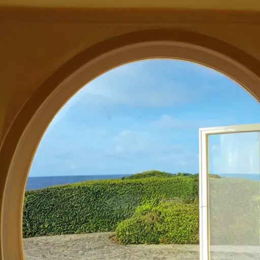 Image similar to a mullioned window through which you can see the sea with big shark fins