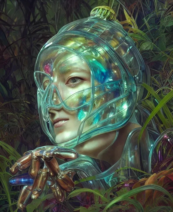 Prompt: opulent colorful transparent clear see - through portrait of a terrifying beautiful male alien isopod cyborg, mottled coloring, adorable, childlike, overgrown biopunk jungle environment, ultra realistic, concept art, art nouveau, photorealistic, octane render, 8 k, unreal engine. art by christopher marley and artgerm and greg rutkowski and alphonse mucha