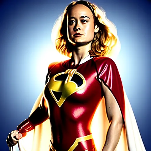 Image similar to brie larson as dc comics'' power girl ', full body with white leotard costume and cape and open chest, pinup photo, 4 k