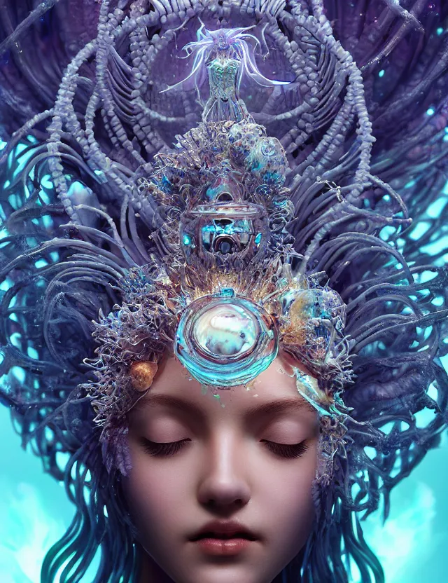 Image similar to goddess macro close - up portrait wigh crown made of ram skull. betta fish, jellyfish phoenix, bioluminiscent, plasma, ice, water, wind, creature, super intricate ornaments artwork by tooth wu and wlop and beeple and greg rutkowski