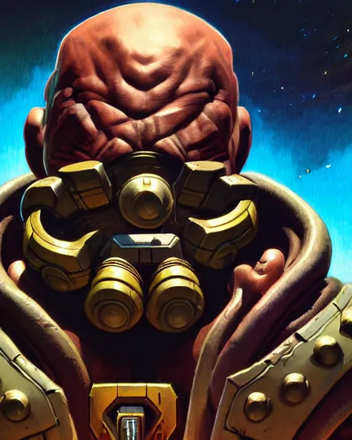 Image similar to doomfist from overwatch, character portrait, portrait, close up, concept art, intricate details, highly detailed, vintage sci - fi poster, retro future, vintage sci - fi art, in the style of chris foss, rodger dean, moebius, michael whelan, and gustave dore