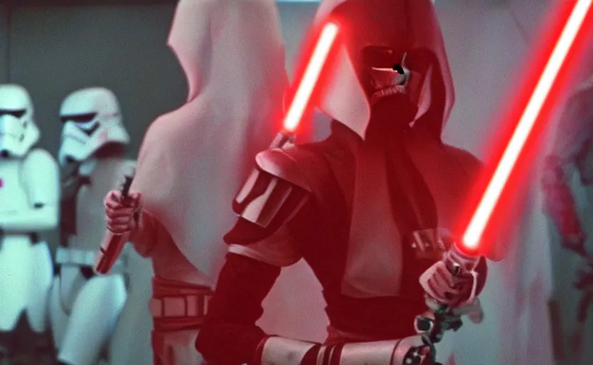 Prompt: a screenshot of a female sith lord in white approaches with a lightsaber, surrounded by dark troopers, red environment, from the 1979 film directed by Stanley Kubrick, shot on anamorphic lenses, cinematography, 70mm film, lens flare, kodak color film stock, ektachrome, immensely detailed scene, 4k