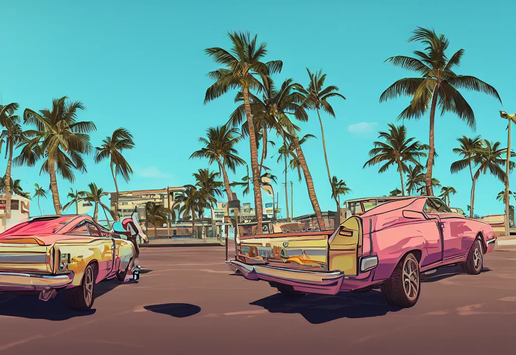 Prompt: saint mary in grand theft auto loading screen, gta art style, illustration, beach, miami, vice city