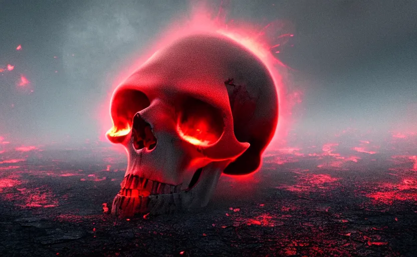 Image similar to nuclear explosion of blood in a shape of a skull, cinematic shot, dramatic volumetric lighting, epic composition, 4K Ultra HD
