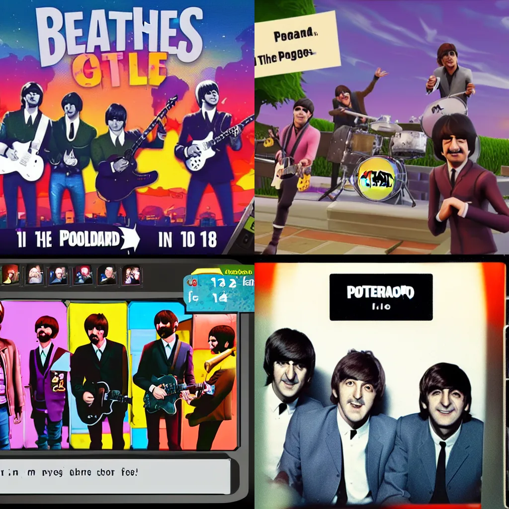 Prompt: Polaroid screencap of the beatles in the game fortnite