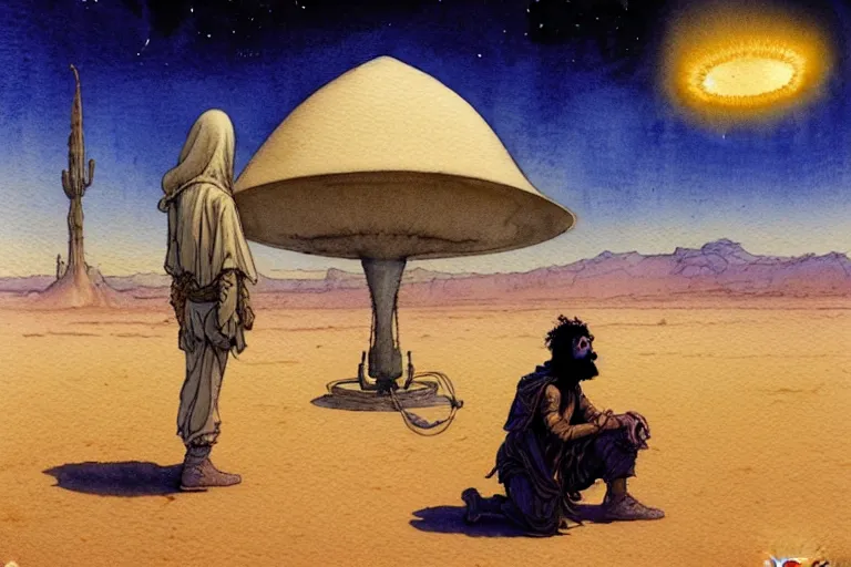 Image similar to a hyperrealist watercolour character concept art portrait of a middle eastern merchant kneeling down in astonishment in front of an alien with 1 2 eyes on a misty night in the desert. a ufo is in the background. by rebecca guay, michael kaluta, charles vess and jean moebius giraud