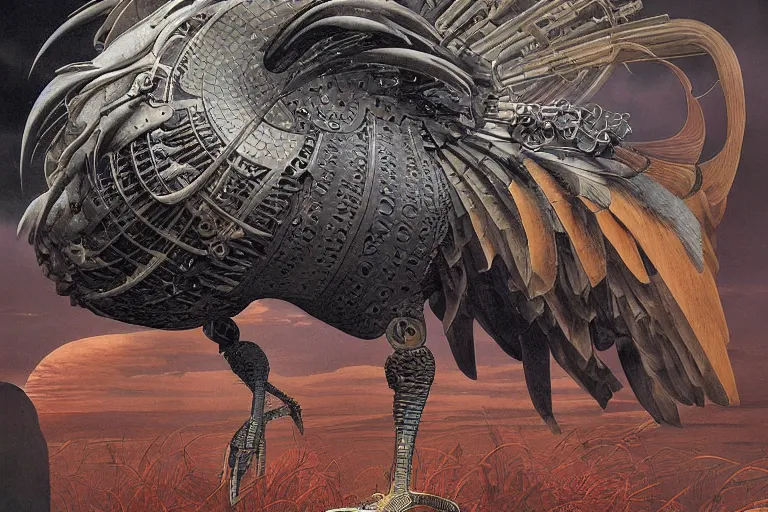 Image similar to digital painting of an ominous mechanical rooster, by wayne barlowe and bob pepper, highly detailed, intricate, anatomy, nature, dieselpunk, retrofuturism