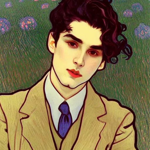 Image similar to painting of young cute handsome beautiful dark medium wavy hair man in his 2 0 s named shadow taehyung and cute handsome beautiful min - jun together at the graveyard party, ghostly, haunted gravestones, ghosts, autumn! colors, elegant, wearing suits!, clothes!, stylish, delicate facial features, art by alphonse mucha, vincent van gogh, egon schiele