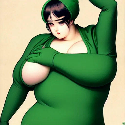 Image similar to masculine fat chonky pigeon in a green onepiece body suit, by Range Murata and Mucha