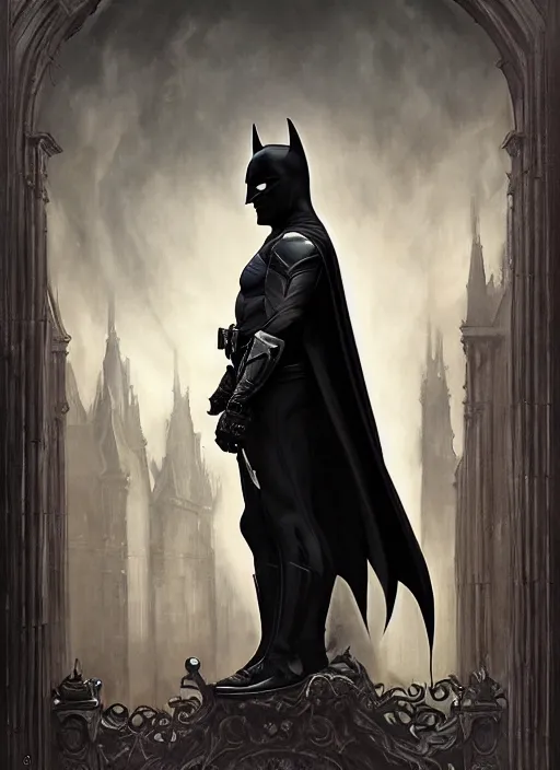 Image similar to majestic gothic batman black armored sinister man noir movie poster, art style by edmund leighton, tom bagshaw, alphonse mucha, exquisite digital art, haunting, masterpiece, organic painting, photorealistic, ornate and hyper detailed