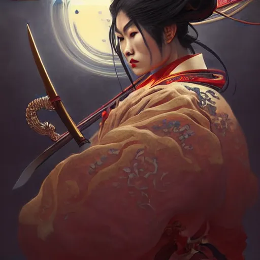 Prompt: oni samurai japanese style, face, fantasy, intricate, elegant, highly detailed, digital painting, artstation, concept art, smooth, sharp focus, illustration, artstation, cgsociety, art by artgerm and greg rutkowski and alphonse mucha