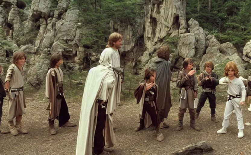 Image similar to screenshot of Luke Skywalker teaching a close of young padawans outside a rocky Jedi Temple scene from The Force Awakens, 1970s film by Stanley Kubrick, serene, iconic scene, Mark Hammil portrait, stunning cinematography, hyper-detailed, sharp, anamorphic lenses, kodak color film, 4k