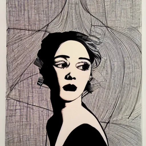 Prompt: beautiful female portrait line drawing by james jean, by andy warhol, by roy lichtenstein, by egon schiele