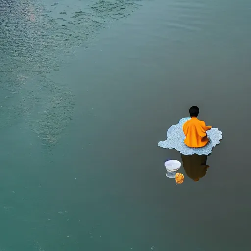 Prompt: a Buddhist monk floating above water with an ice cream
