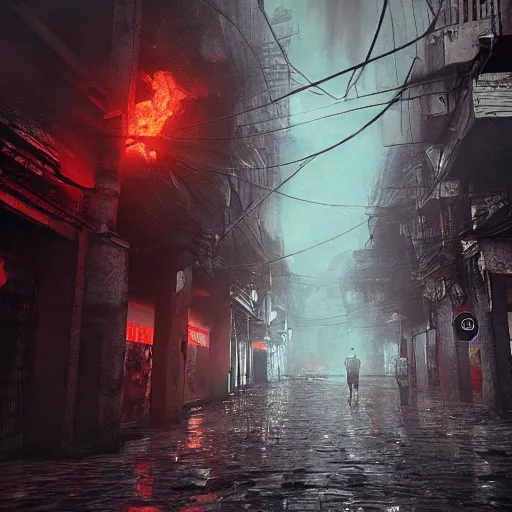 Image similar to streets of manila, philippines as lovecratian horror, hp lovecraft, eldricht abominations, demonic, hell, burning, suffering, depressing image, unreal engine, artstation hd