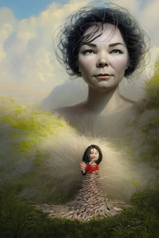 Image similar to beautiful bjork portrait by hubert robert and lee madgwick and roger dean and jacek yerka, dan mumford and alex grey style, soft lighting, 4 k hd wallpaper illustration concept joy atmospheric lighting