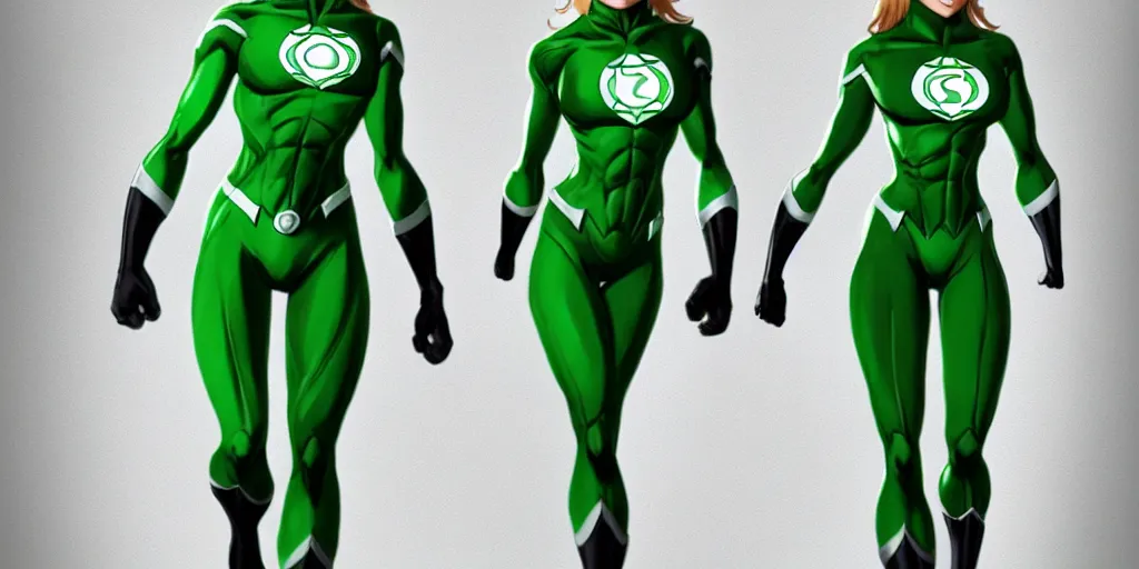 Image similar to full body exaggerated outfit, female green lantern character clean concepts by senior concept artist in the anime film, suit, powers, glowing, stronge, smooth, high detail, featured on artstation