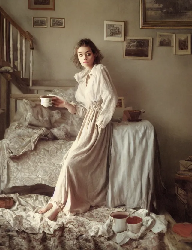 Image similar to Aristocrat girl in the cottage in the morning in a Pajama, country style, portrait, Cinematic focus, Polaroid photo, vintage, neutral colors, soft lights, foggy, by Steve Hanks, by Serov Valentin, by lisa yuskavage, by Andrei Tarkovsky 8k render, detailed, oil on canvas