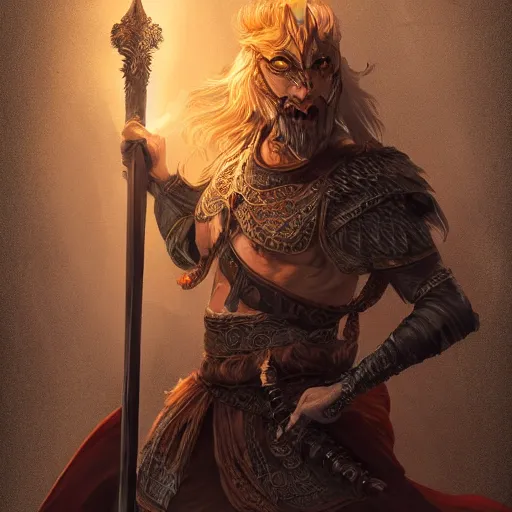 Image similar to a stunning illustration of a noble and fierce fantasy warrior, with glowing eyes, smoke out of eyes, with sword held high, intricate, highly detailed, concept art, smooth, sharp focus, atmospheric, cinematic