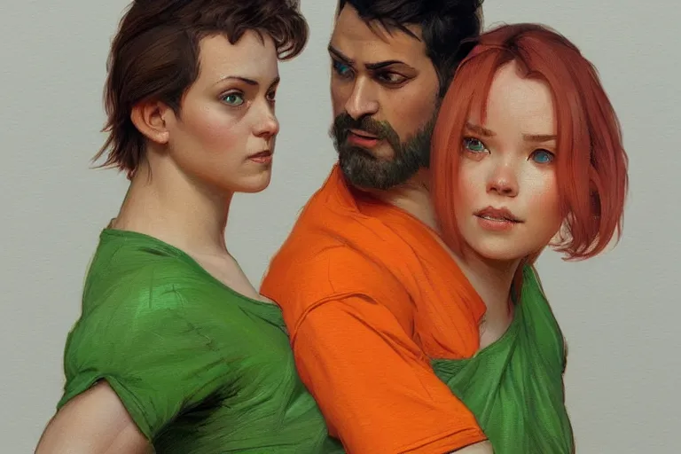 Image similar to portrait of a man in orange t - shirt wrestling with a girl in green dress, highly detailed, digital painting, artstation, concept art, smooth, sharp focus, illustration, art by artgerm and greg rutkowski and alphonse mucha